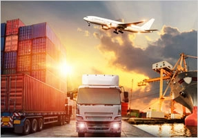 Trucks and shipping containers, an airplane, and a ship meant to represent the different methods of global shipping.