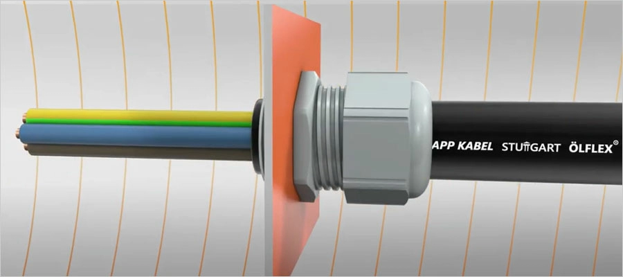 Illustration of LAPP SKINTOP cord grip used with LAPP OLFLEX cable to secure cable