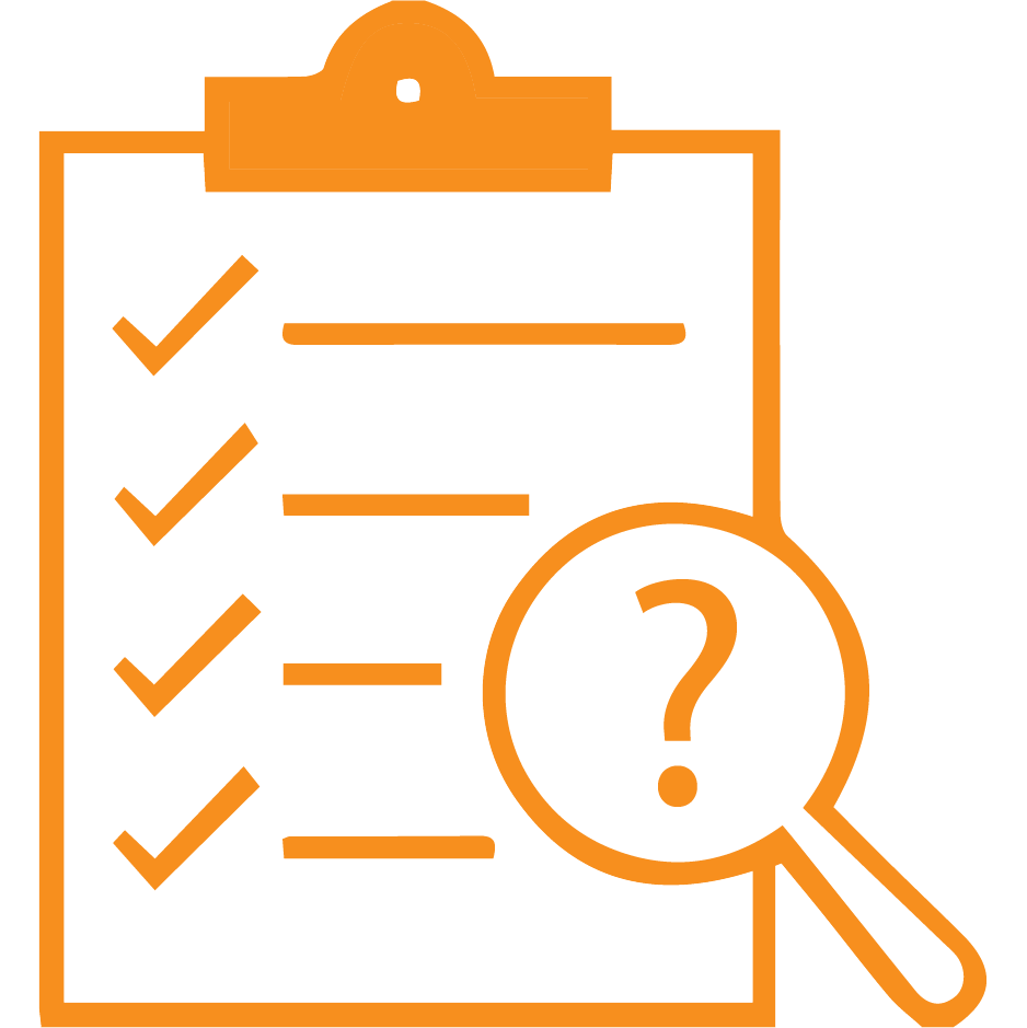 Clipboard icon with checkmarks on it and a magnifying glass to the side.