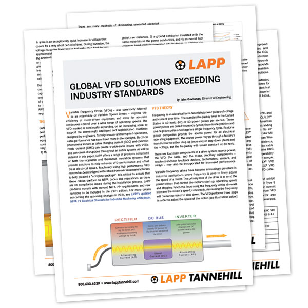 PDF Spread Thumbnail of LAPP's White Paper 'Global VFD Solutions Exceeding Industry Standards'.