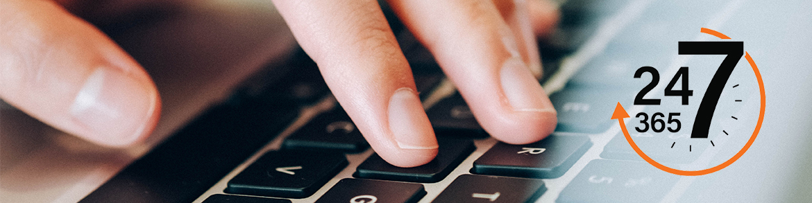 Fingers on a keyboard with a 24/7/365 logo in the corner