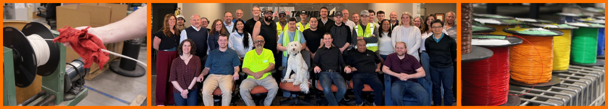 Collage with person respooling wire, group photo of LAPP Tannehill employees, and colorful wire on shelves.